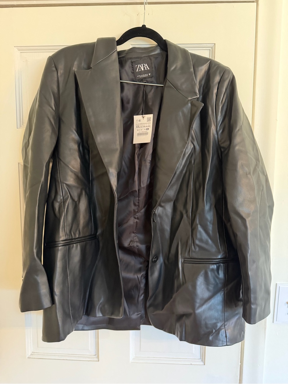 ZARA Black Faux Leather Blazer Jacket with Notch Lapels